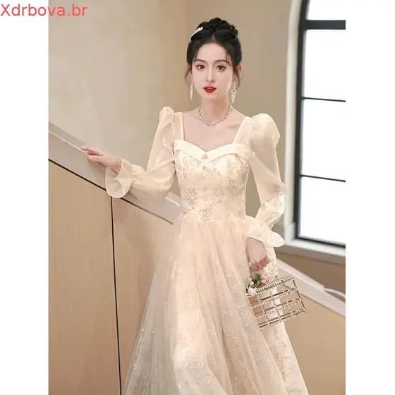 Champanhe Vestido De Noite De Manga Comprida Para Mulheres Elegante Flor Bordado Banquete Magro Vestidos De Princesa Fes