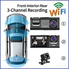 WIFI Registro De Condução De Carro monito 3 lentes DVR HD 1080P 24h Primeiro Plano , interior E Visão Traseira