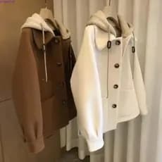 Novo Casaco de Lã Feminino para Outono/Inverno, Grande, Solto, de Tricô, com Capuz, Efeito Duas Peças, Grosso QAMN