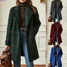 Inverno Feminino Gola Entalhada Xadrez Lã Trench Coat Botão Para Baixo Meados Longo Casaco Outerwear Verde Escuro S