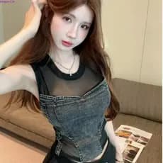 Americano doce legal quente menina gaze costura Denim colete feminino exterior Wear verão elegante chique elegante sem m
