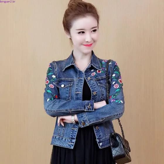 VmewSher Floral Women Denim Coat Bordado Feminino Short Basic Ladies Jean Jacket Slim Flower Outwear Casacos Outono Pri