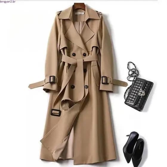 Casaco Longo Feminino Coreano para Primavera e Outono, Manga Longa, Dupla Abotoadura, Elegante, Trench Coat, Roupas Casu