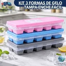 Kit 3 formas de gelo com tampa enche fácil e fundo de silicone 12 cubos BPA free forminha de gelo freezer organizado