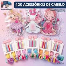 Kit acessórios de cabelo infantil para meninas bolsinhas zip com elástico/borrachinha xuxinha presilha para penteados