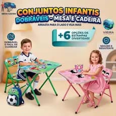 Conjunto mesa e cadeira infantil dobrável mesinha educativa de atividades para crianças em aço resistente menino menina