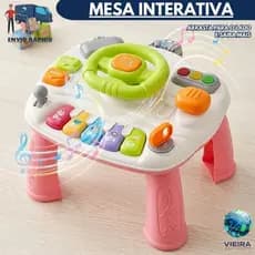 Mesa didática rosa educativa sensorial infantil menina painel musical luz e volante mesinha interativa diversão bebê