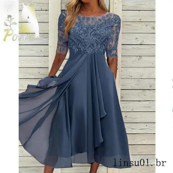 Vestido plus size estilo europeu 2022, vestido casual de chiffon com detalhes em renda, vestido longo com recortes para
