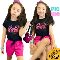 Conjunto Infantil Estiloso Menina Verão 2026 Camiseta com Short Infanto Juvenil Top