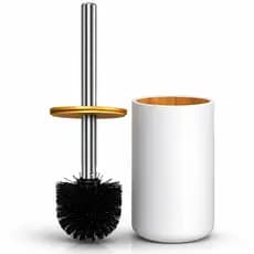 Escova Sanitária com Suporte Branco e Bambu Luxo Para Limpeza de Banheiro Lavabo Casa Prático Design Moderno Premium