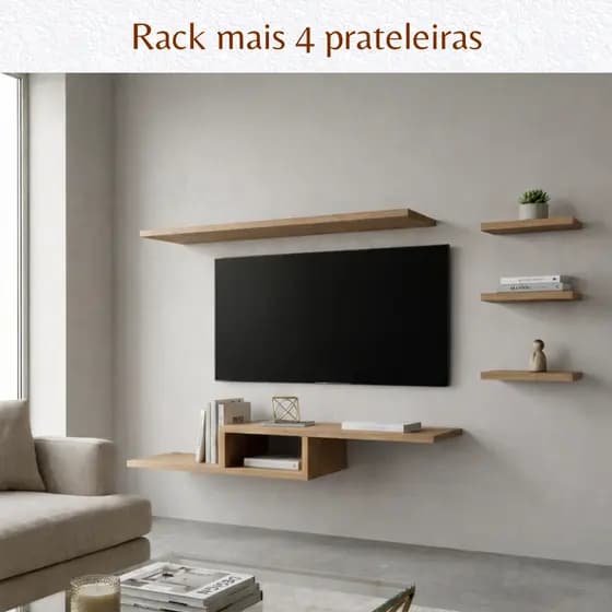 Rack Suspenso e Kit 4 Prateleiras Nicho MDF Para Tv Sala Quarto Escritório