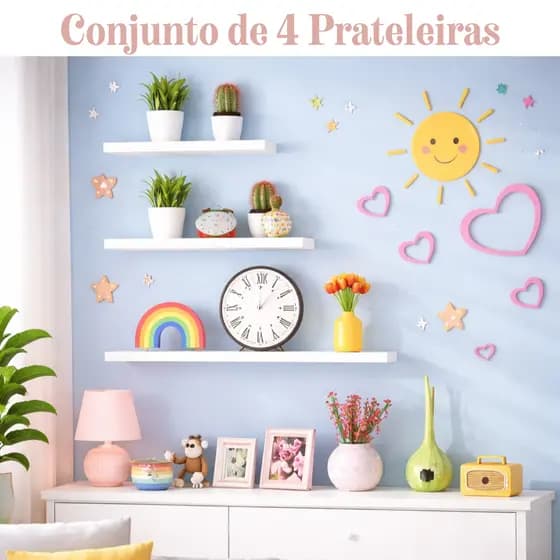 Kit 4 Prateleiras Retas MDF 30/40/50/60cm Brancas Nichos Decorativos Sala Quarto Banheiro Escritório