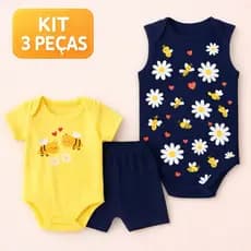 Kit 3 Peças Bebê Menina Algodão Verão – 2 Body Manga Curta / Regata + Shorts