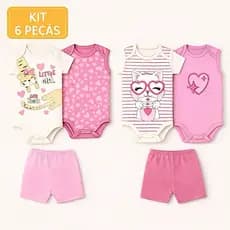Kit 6 Peças Body Bebe Menina Algodão - Manga Curta, Regata e Shorts - P ao GG Estampado