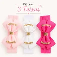 Kit 3 Faixas de Cabelo Bebê com Laço e Strass Faixinha Infantil Recém Nascida