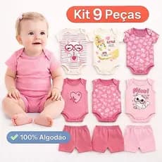 Kit 9 Peças Body Bebê Menina + Shorts 100% Algodão de 0 a 12 Meses