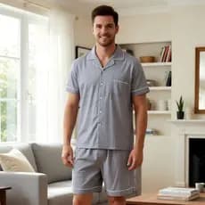 Pijama Masculino Curto Verão com Botões | Manga Curta + Bermuda | Leve e Fresco