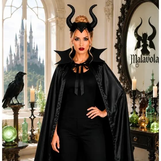 Fantasia Malévola 2 Peças Capa Arco  com Cifre Halloween Festa Adulto e Juvenil 120 CM