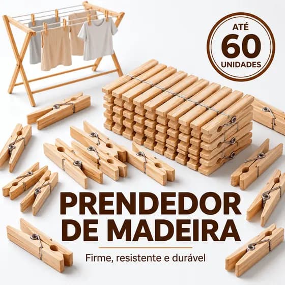 Kit de Prendedores de Roupa em Madeira – Opções com 12, 24, 36, 48 ou 60 Unidades