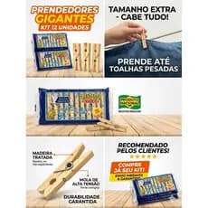 Kit de Pregadores de Madeira EXTRA GRANDE para Roupas – 12, 24, 36, 48 ou 60 Unidades