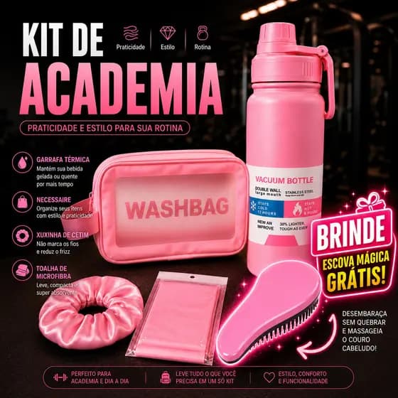 Kit Funcional Rosa Para Dia a Dia Academia Garrafa Necessaire Escova e Acessórios