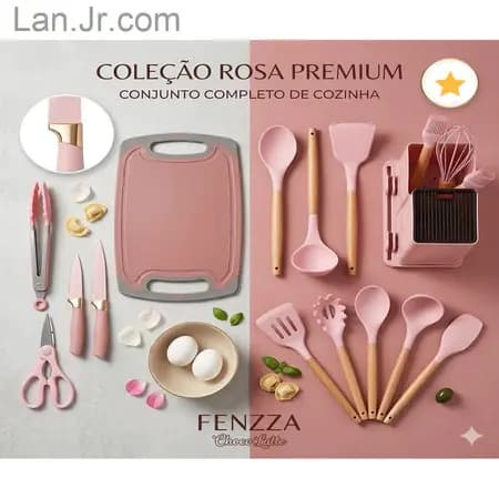 Kit Completo de Utensílios de Cozinha 19 Peças, Suporte Organizador – Silicone Resistente e Cabo Amadeirado