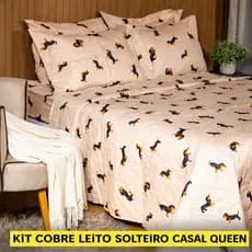 KIT COBRE LEITO ESTAMPADO CACHORRO SALSICHA SOLTEIRO CASAL QUEEN TOQUE MACIO