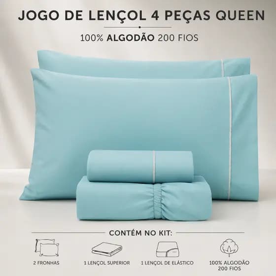 JOGO DE LENÇOL 4 PEÇAS QUEEN LISO 200 FIOS 100% ALGODÃO MACIO PREMIUM