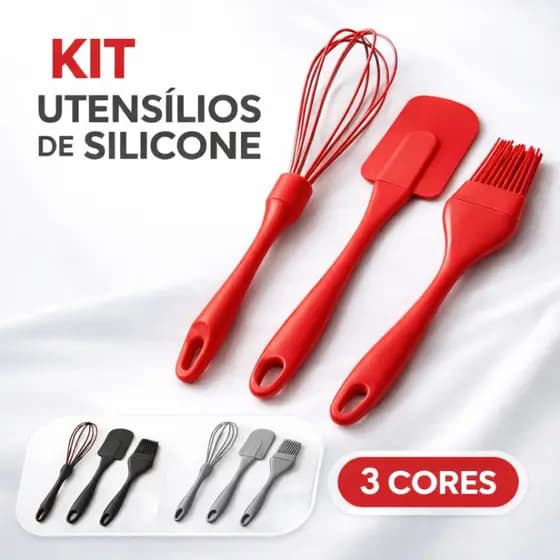 Kit Utensílios Cozinha Confeiteiro 3 Peças Silicone – Espátula, Pincel e Fue