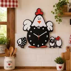 Relógio de Parede Decorativo Galinha Com Pintinhos Cozinha Temático Divertido Mdf Galinha da Angola