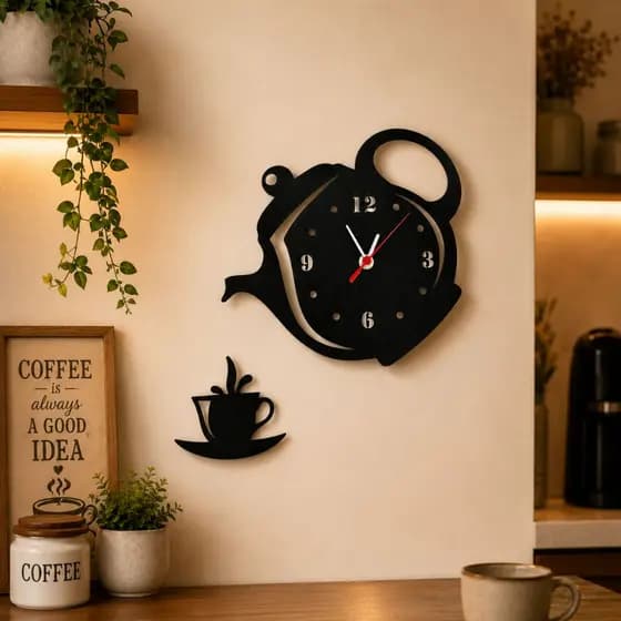 Relógio de Parede Decorativo em Formato de Bule com Xícara Casa e Decoração Mdf Preto Relógio Analógico