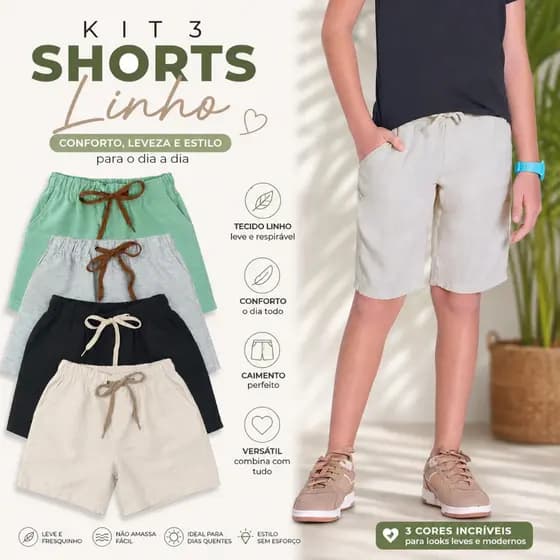 Kit 3 Bermudas Infantil Linho Menino Short Infantil e Juvenil Premium