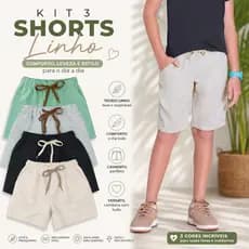 Kit 3 Bermudas Infantil Linho Menino Short Infantil e Juvenil Premium