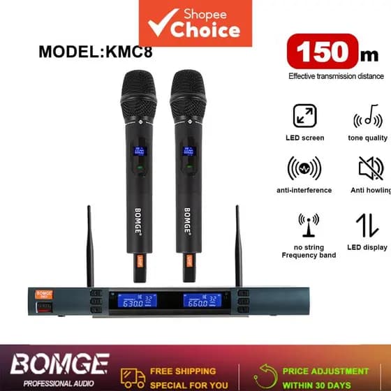 BOMGE KMC8 Sistema de Microfone Sem Fio UHF 2 Microfones de Mão Alcance de 150m para Palco