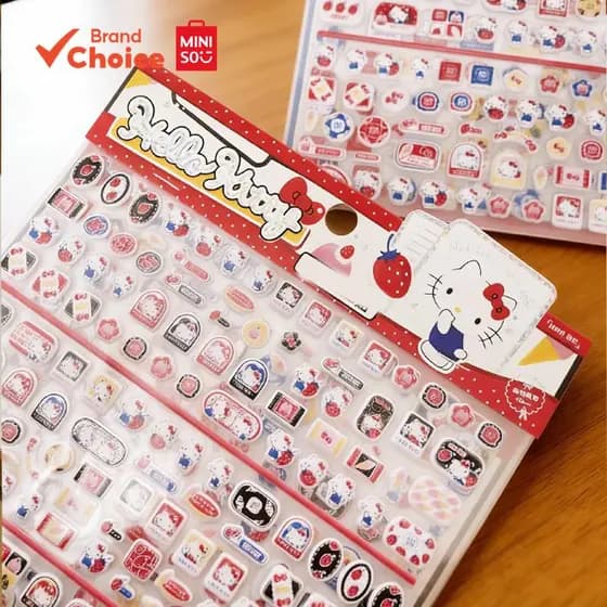 MINISO Hello Kitty Série Dupla Camada Adesivos Estéticos Bonitos Portátil Telefone Espuma Feijão Decalques Estilo Misto