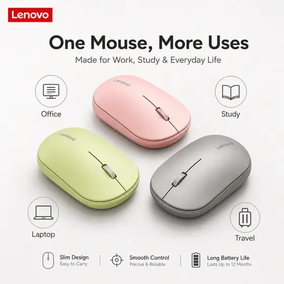 Mouse Sem Fio Lenovo 2.4G Silencioso, Ajuste de 800/1200/1600 DPI, Mouse de Computador Fino e Portátil para