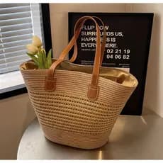 Bolsa Palha Feminina Grande Praia Verão Alça Couro Blogueira