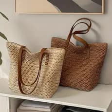 Bolsa Feminina de Mão Espaçosa e Trançada, Também Adequada como Bolsa de Praia.