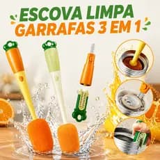 Escova 3 em 1 para copos, garrafas e mamadeiras – cabo longo, formato cenoura. Ótima para viagens e uso diário em casa.