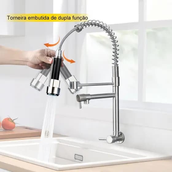 Torneira de cozinha em inox 304 com bico telescópico, própria para pia