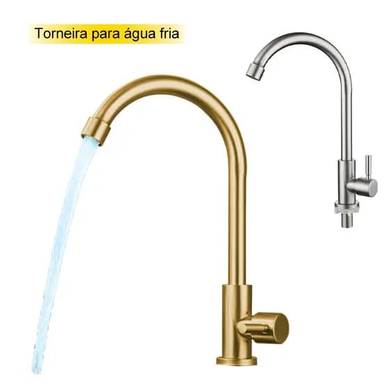 Torneira de cozinha em aço inoxidável, para água fria, giratória, para pia