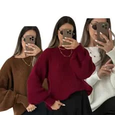 Blusa Tricô Inverno Ponto Fang Tricot Gola Redonda Manga Bufante