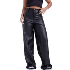 Calça de couro wide leg feminina cintura alta Pantalona pu premium modela corpo
