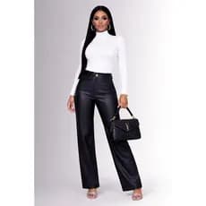 Calça Feminina Pantalona Couro Fake Wide Leg