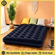 Kit Colchao Inflavel Casal ou Solteiro de Ar Suporta 300kg + Bomba de Ar Azul/Beige