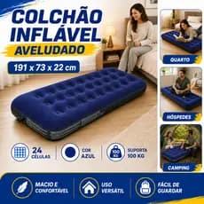 Colchão Inflável Individual  191x73x22cm - Multiuso para Acampamento, Praia, Viagem - Leve, Portátil e Resistente - Azul