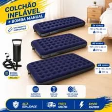 Este conjunto de colchão inflável de casal possui 48 furos, suporta até 300 kg, é durável e vem com uma bomba de ar.