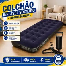 Colchão Inflável Solteiro Suporta Até 100kg Camping Praia + Bomba de Ar Manual