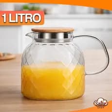Jarra Vidro De Luxo 1L Borossilicato C/ Tampa de Bambu Vedação Inox Garrafa Água Sucos Bebida Fresca