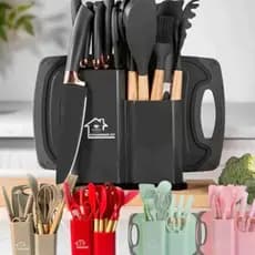 Kit Utensílios de Cozinha 19 Peças • Silicone com Cabo de Madeira • Completo e Resistente